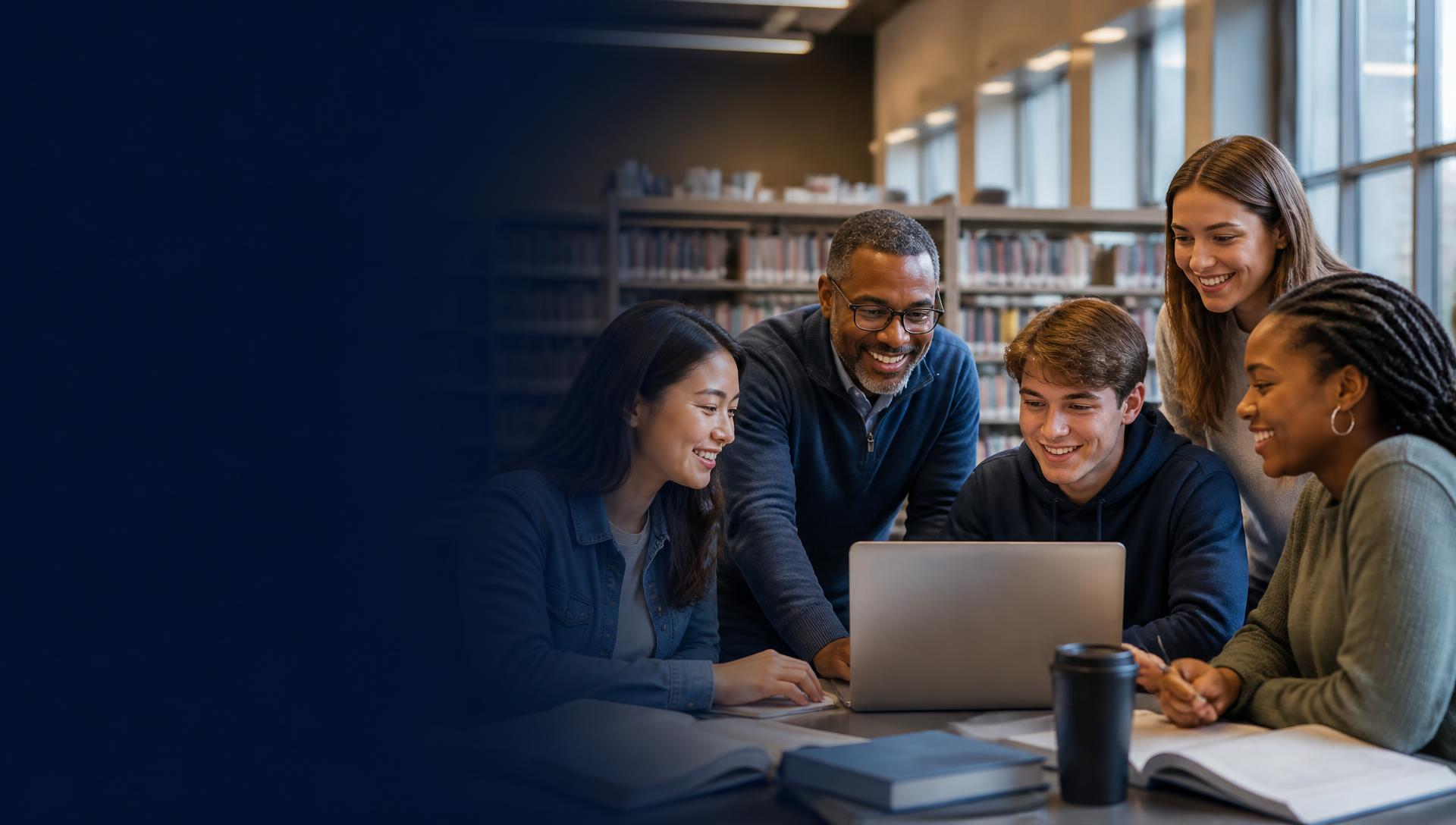 Students and an educator collaborating around a laptop in a library